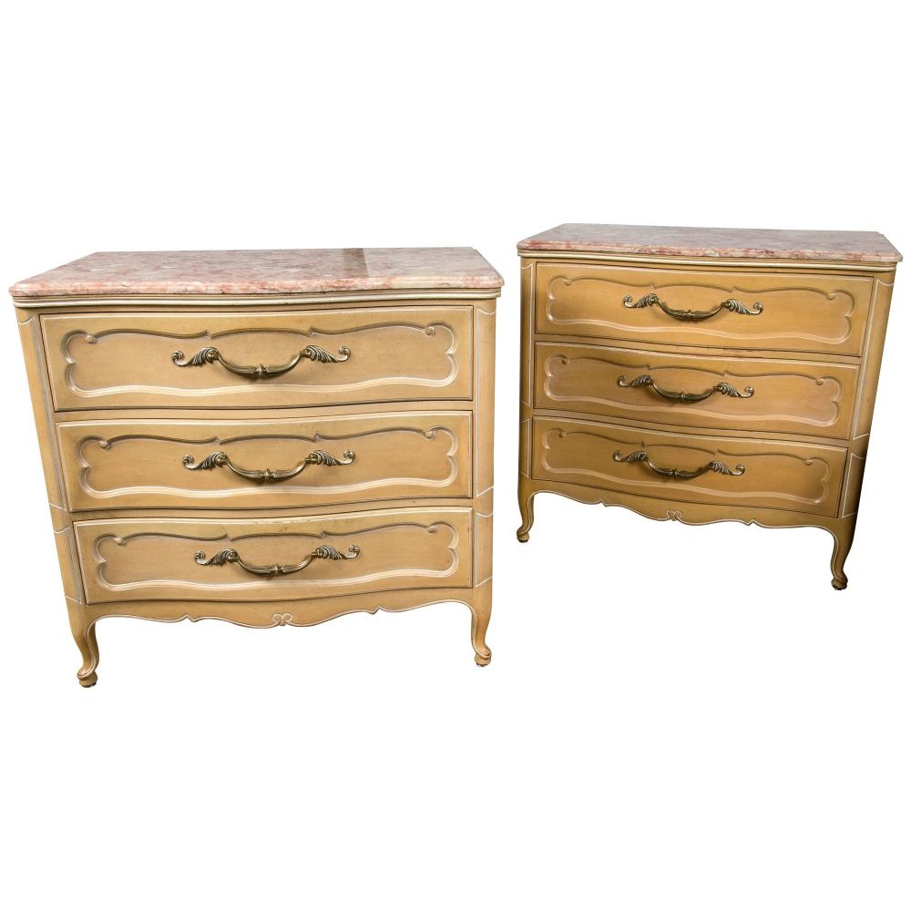 Pair Of Louis XV Style Grosfeld House Marble-Top Distressed Four-Drawer Commodes