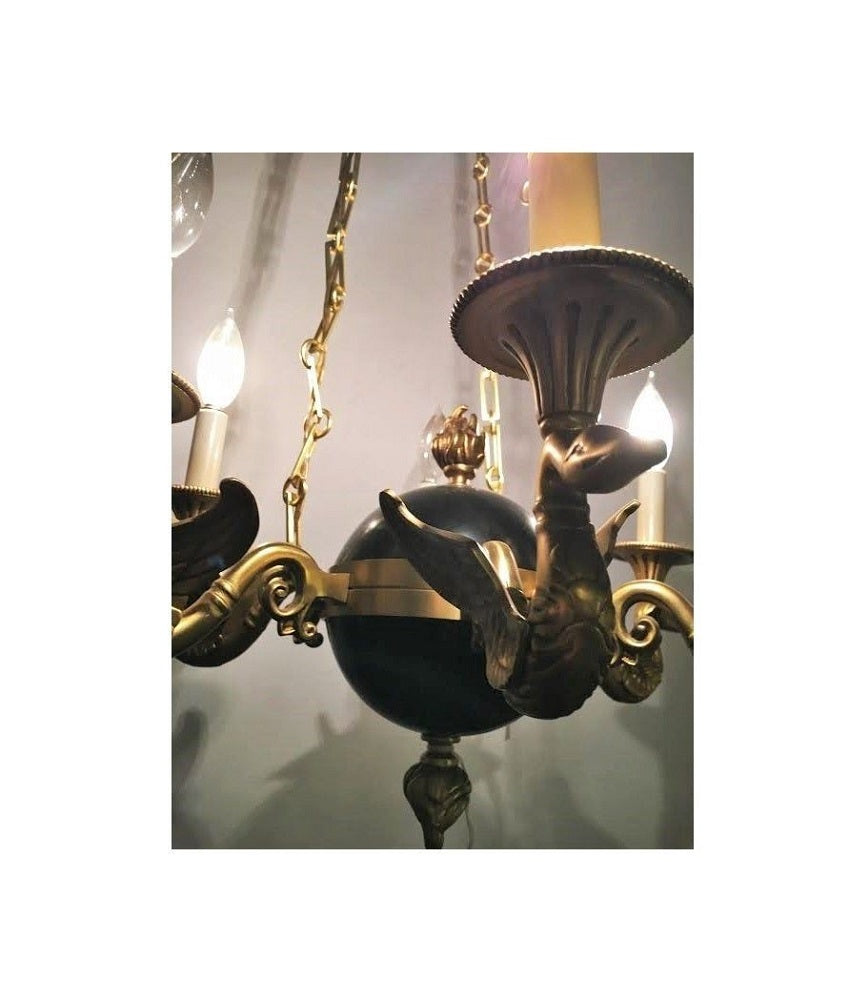 Regency Style Six-Arm Bronze Swan Decorated Chandelier