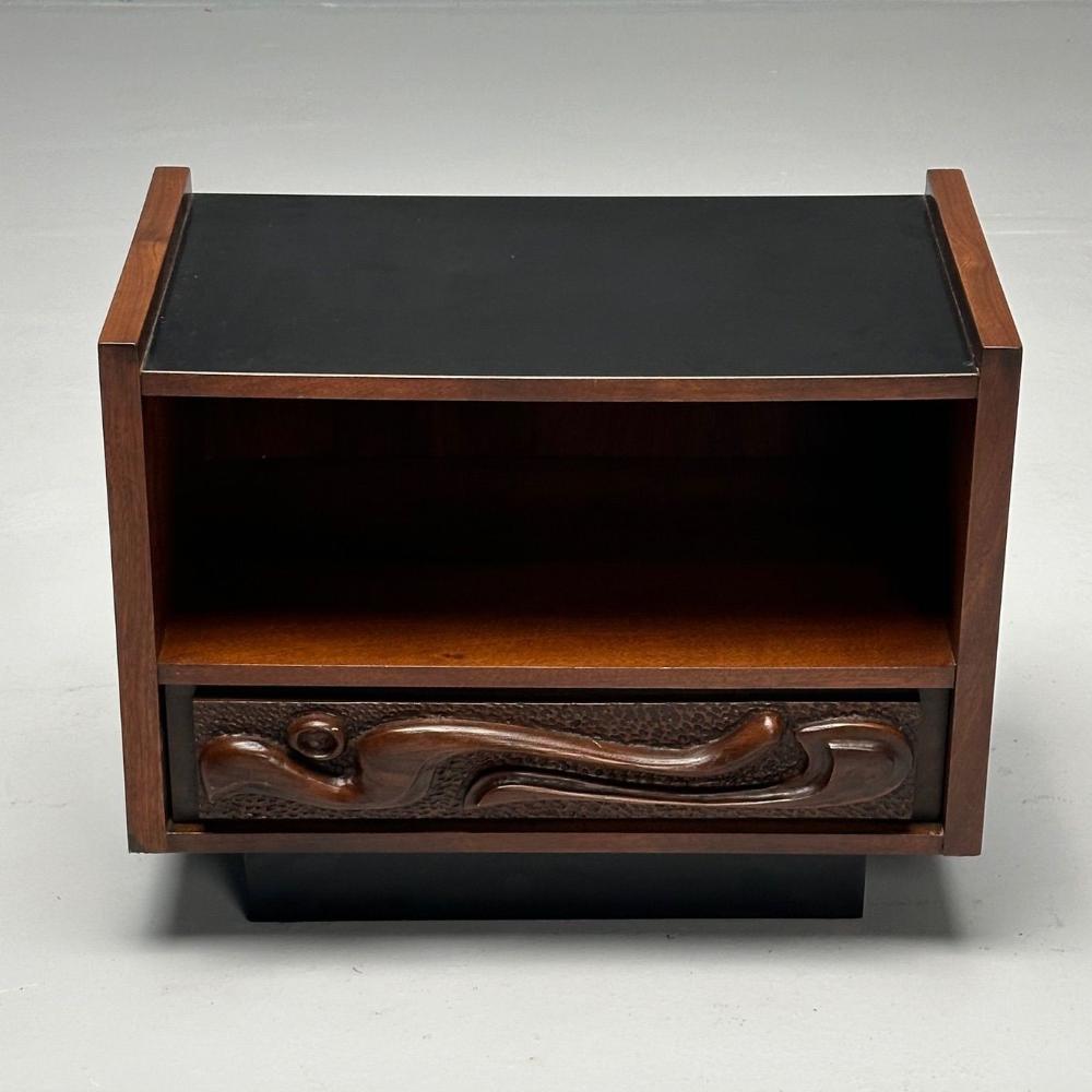 Pulaski, Brutalist Mid-Century Modern, Oceanic Nightstand, Sculpted Walnut, 1960s