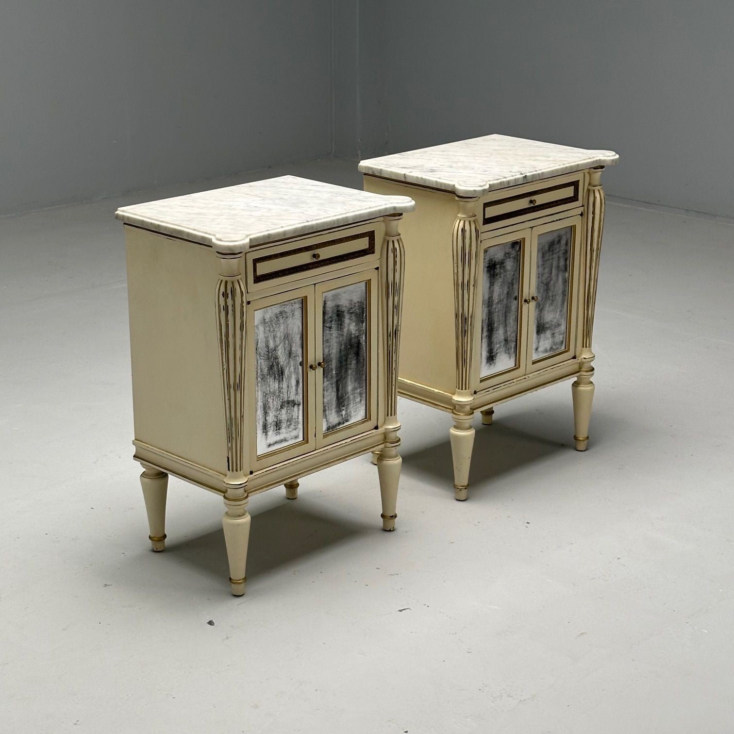 Maison Jansen, Hollywood Regency, Side Table Cabinets, Distressed Mirror, Marble