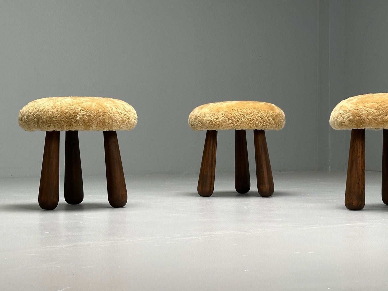 Contemporary, Danish Modern, Sheepskin Stools, Honey Shearling, Maple