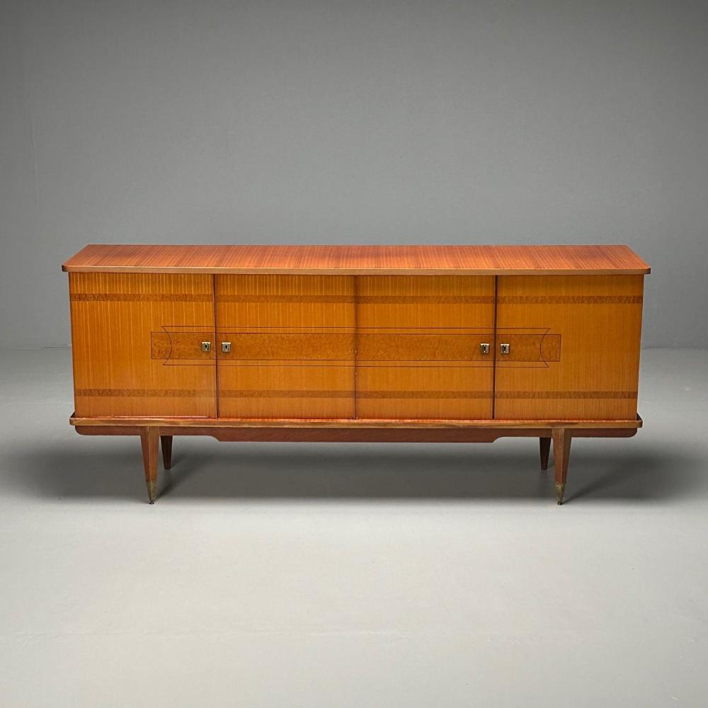 French Mid-Century Modern, Sideboard, Cuban Mahogany, Sycamore, Brass, 1940s