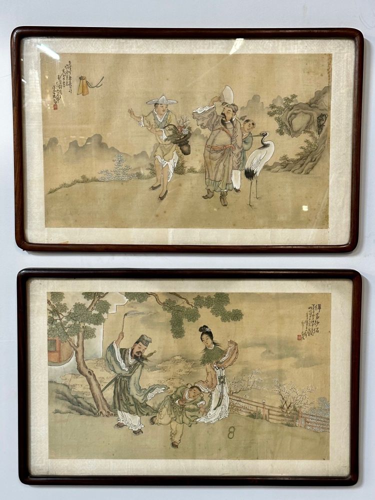 Set of Four Chinese Paintings in Rosewood Frames, Signed, 19th Century