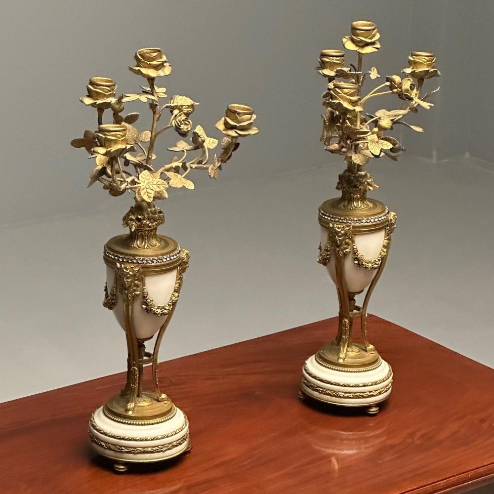 Pair of Louis XVI Style Bronze and Marble Four-Light Candelabra, Jeweled