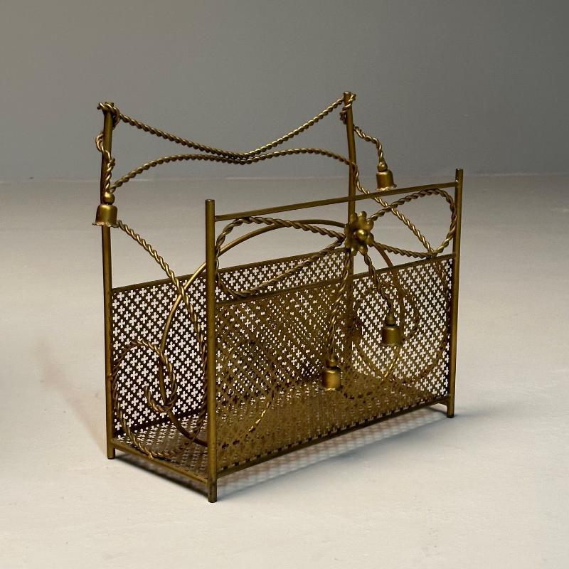 Hollywood Regency Gilt Bronze Magazine Rack, Rope an Tassel Form