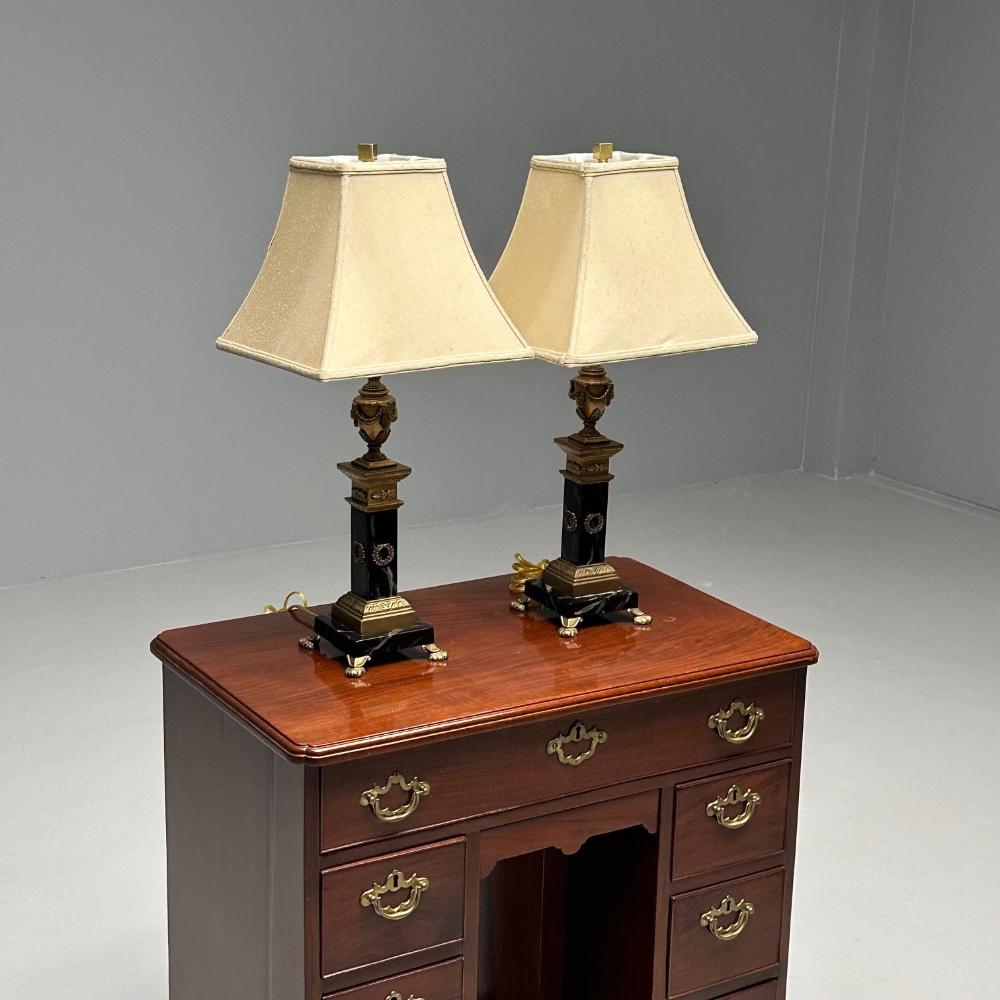 Pair of Hollywood Regency Bronze and Marble Table Lamps, Corinthian Column Form