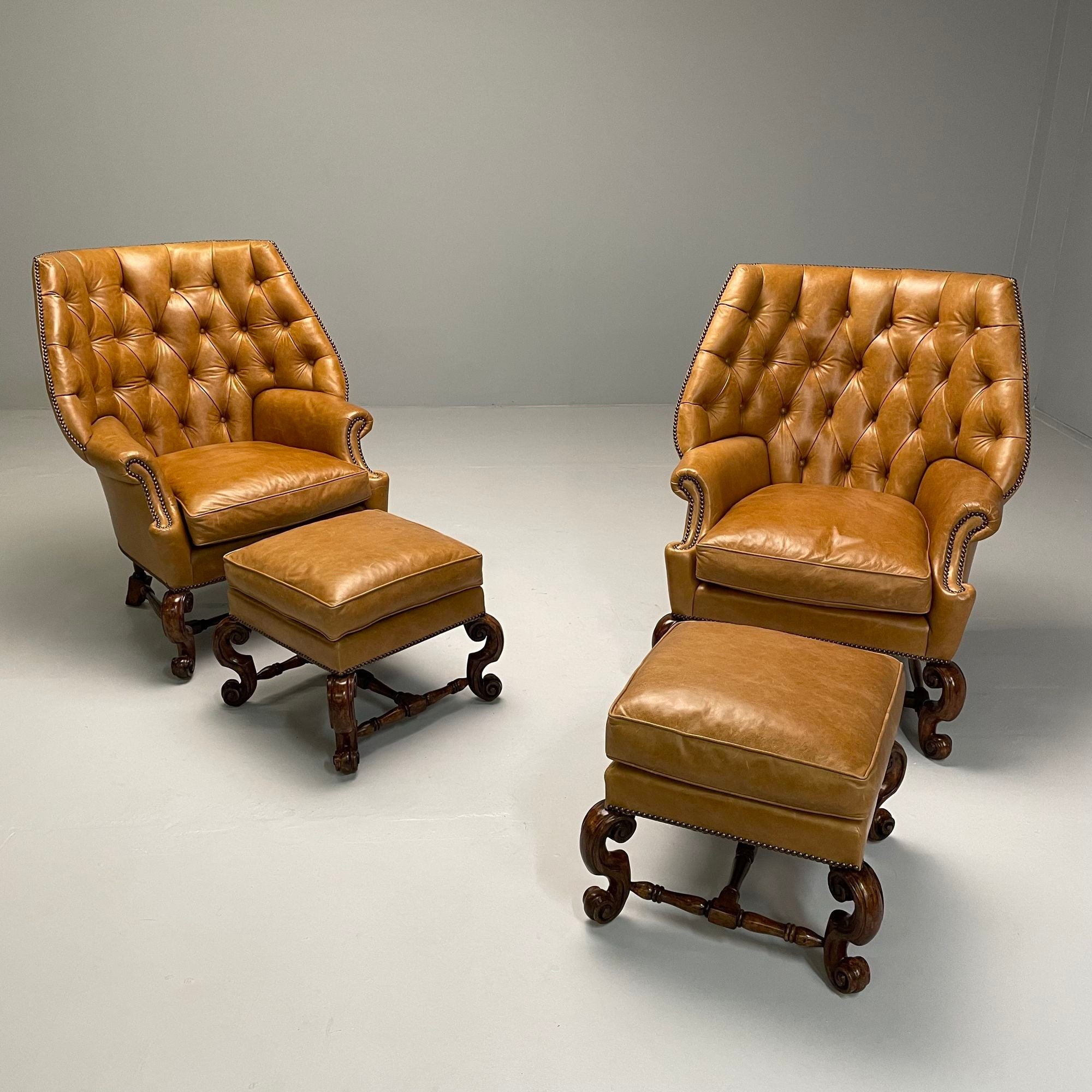 Georgian, Cabriole Leg Ottomans, Tan Leather, Wood, USA, 2000s