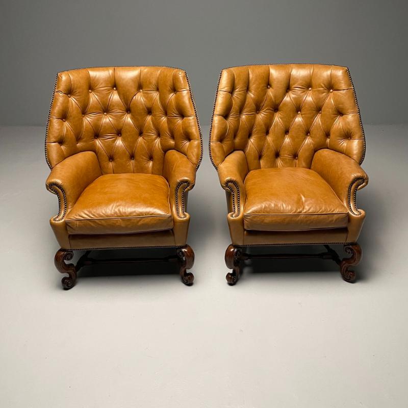 Georgian, Large Tufted Lounge Chairs and Ottomans, Tan Leather, USA, 2000s