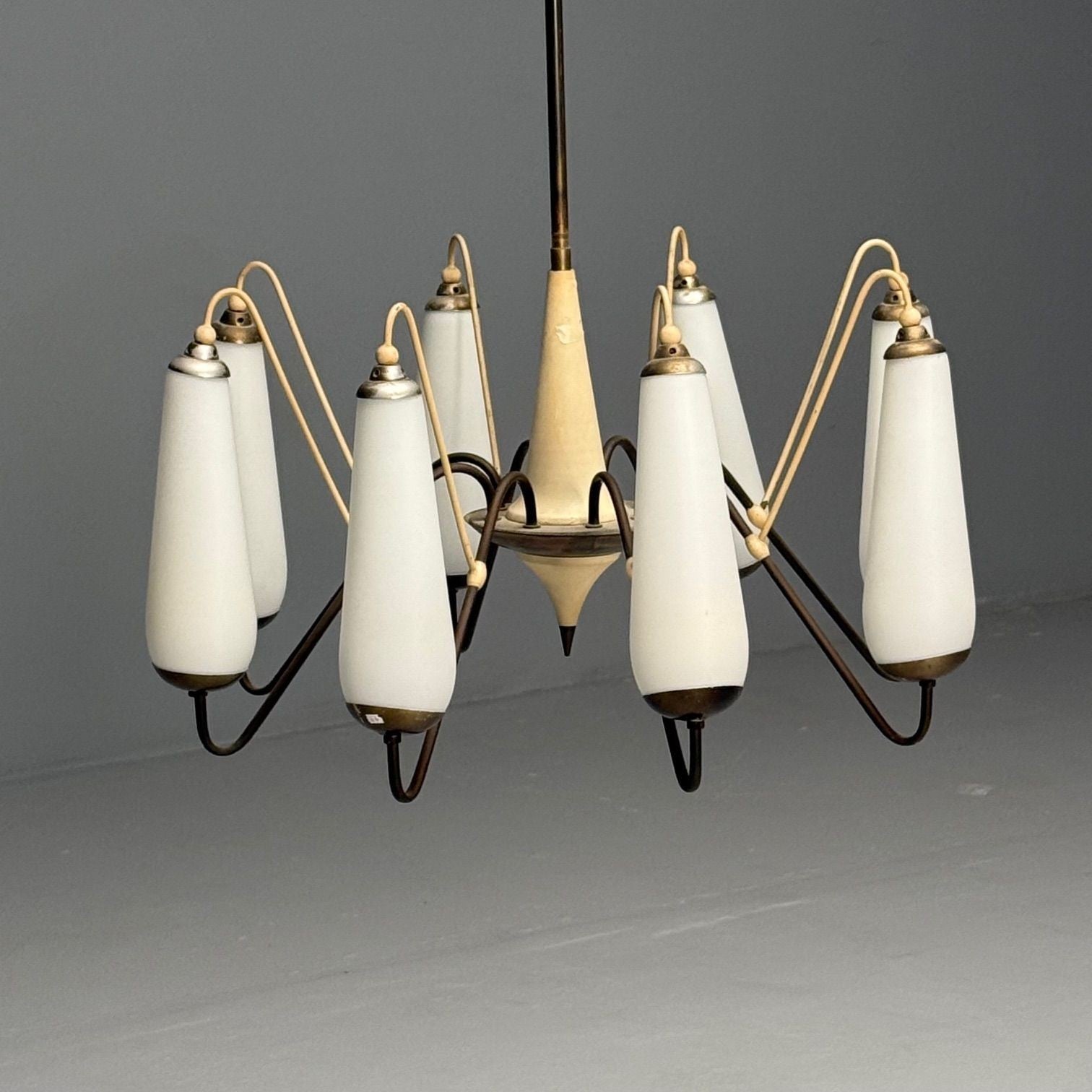 Italian Mid-Century Modern, Eight Light Chandelier, Brass, Metal, Opaline Glass