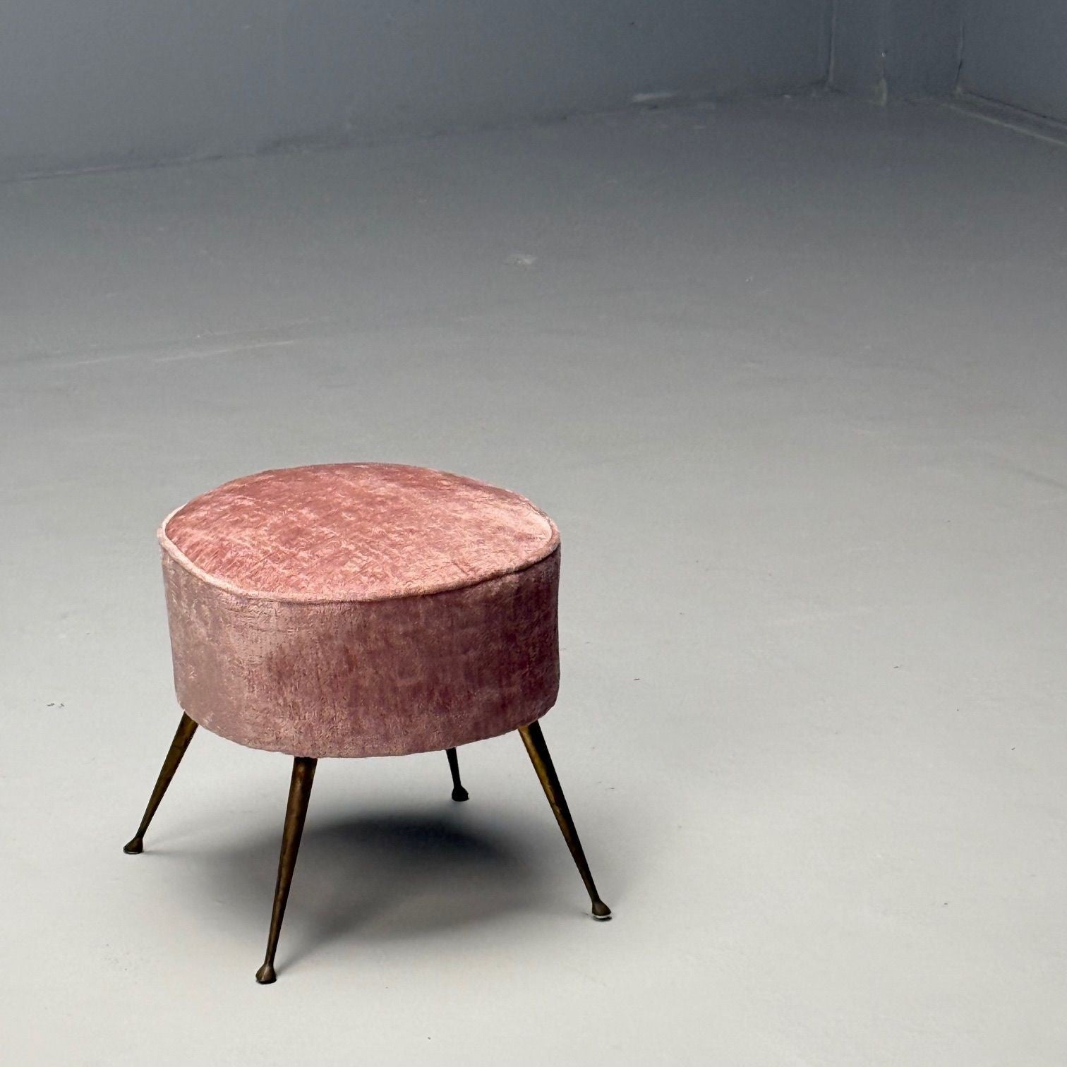 Italian Mid-Century Modern, Footstools, Patinated Brass, Pink Velvet, 1950s