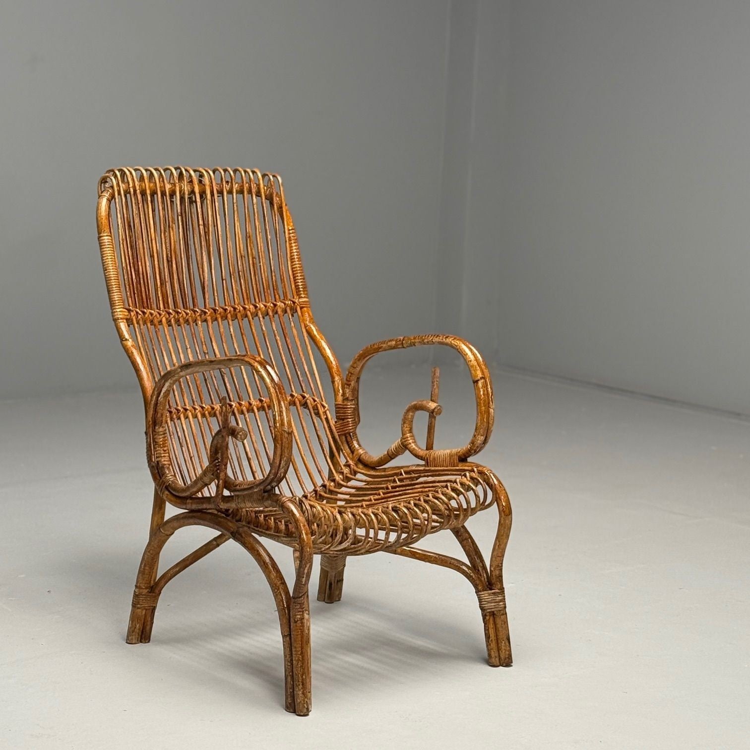 Italian Mid-Century Modern, Armchair, Rattan, Cane, Bamboo, Italy, 1960s