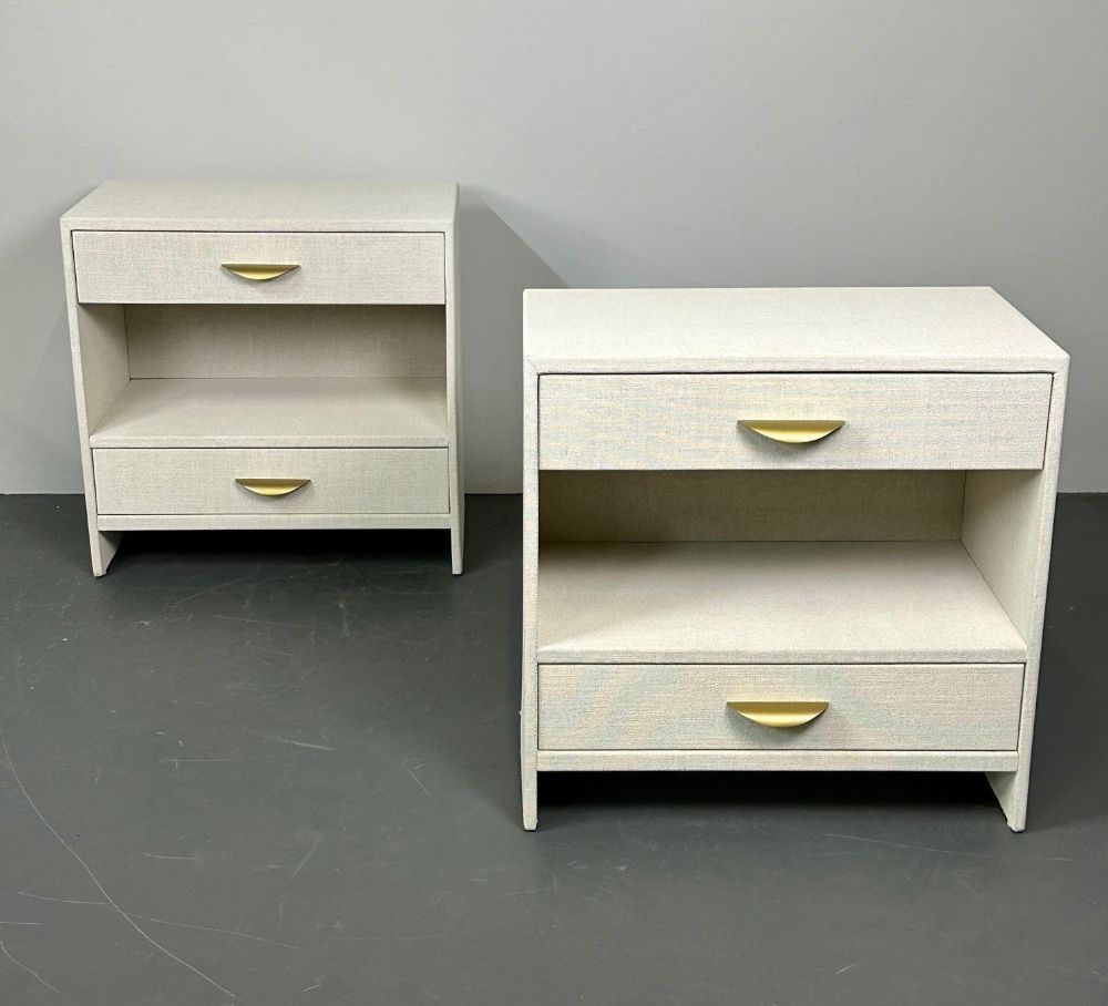 Pair Custom Linen Wrapped Open Commodes, Chests, Nightstands, White, American