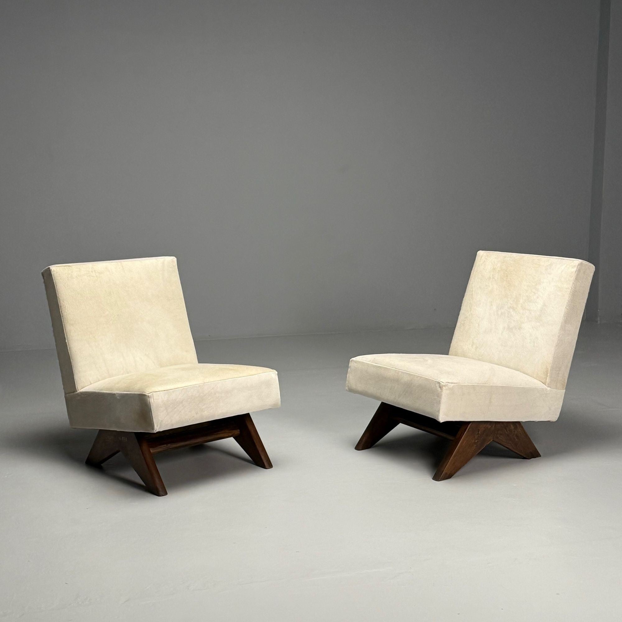 Pierre Jeanneret, French Mid-Century Modern, Slipper Chairs, White Cowhide, Teak