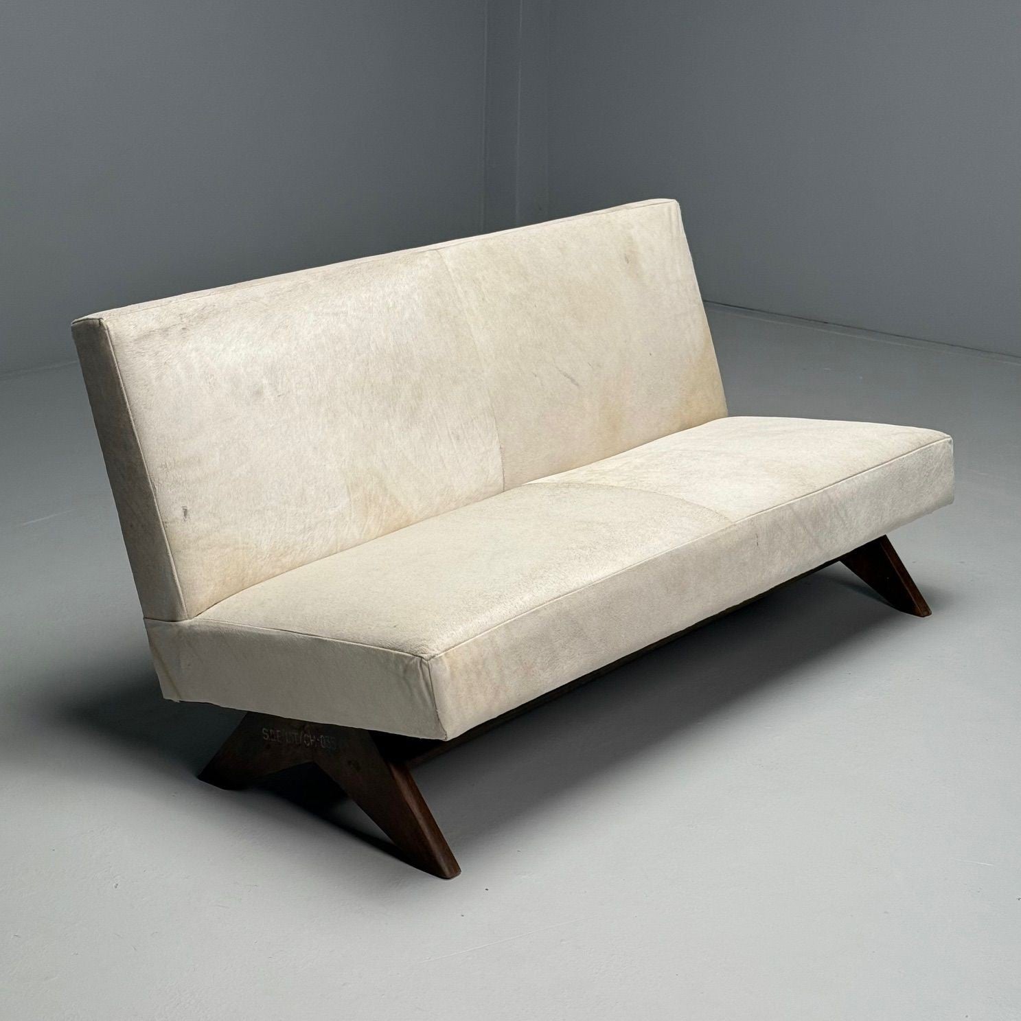 Pierre Jeanneret, French Mid-Century Modern, Fireside Sofa, Teak, White Cowhide