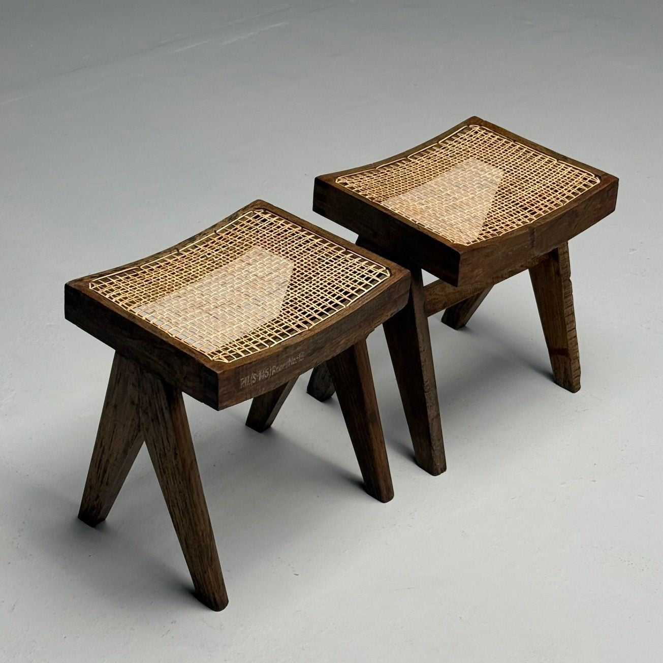 Pierre Jeanneret, French Mid-Century Modern, Footstools, Teak, Cane, Chandigarh