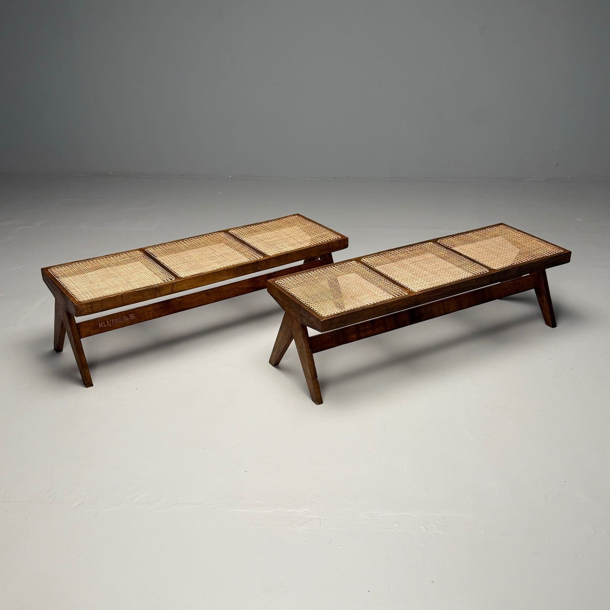 Pierre Jeanneret, French Mid-Century Modern Three Seat Benches, Teak, Chandigarh