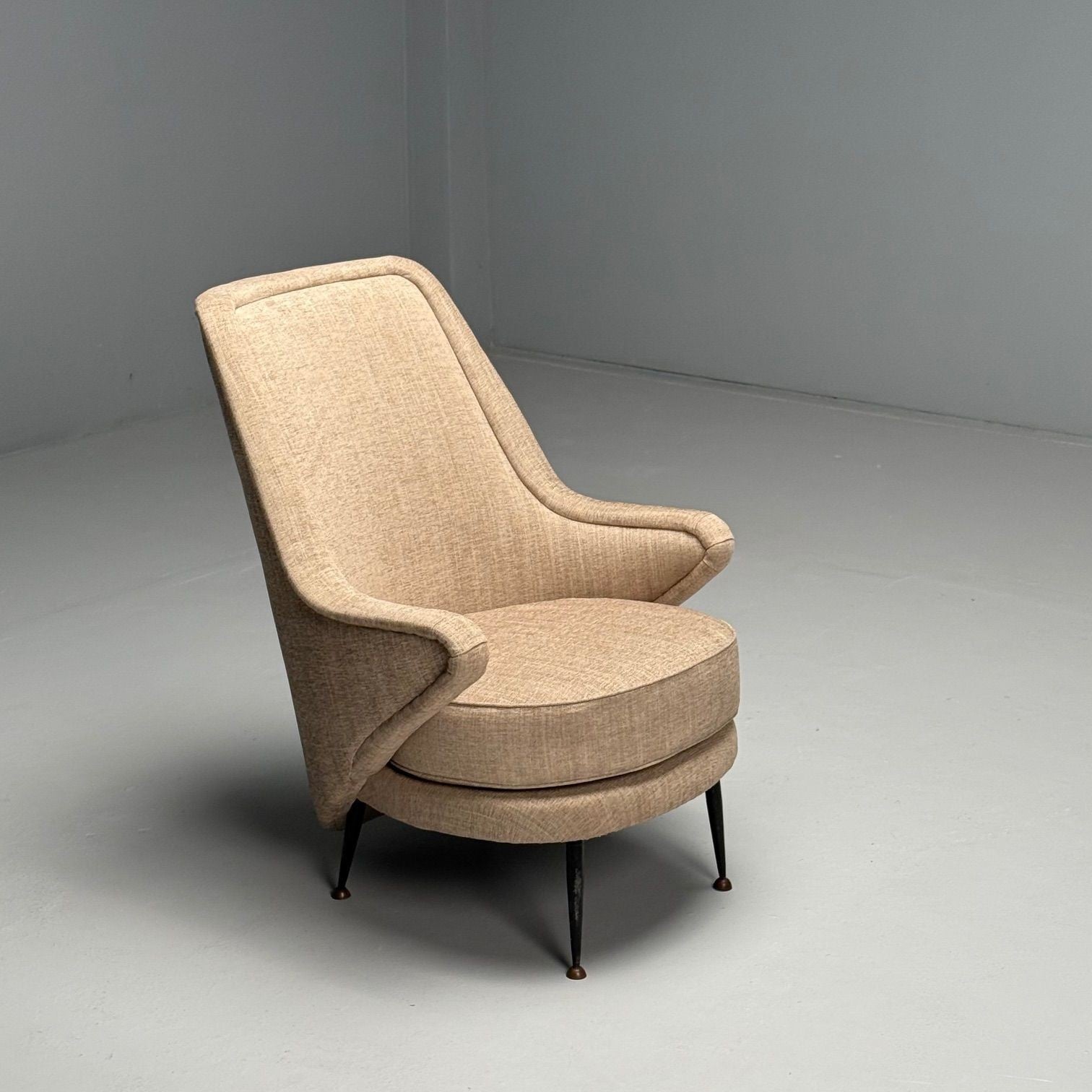 ISA Bergamo, Italian Mid-Century Modern, Armchair, Beige Linen, Brass, 1950s