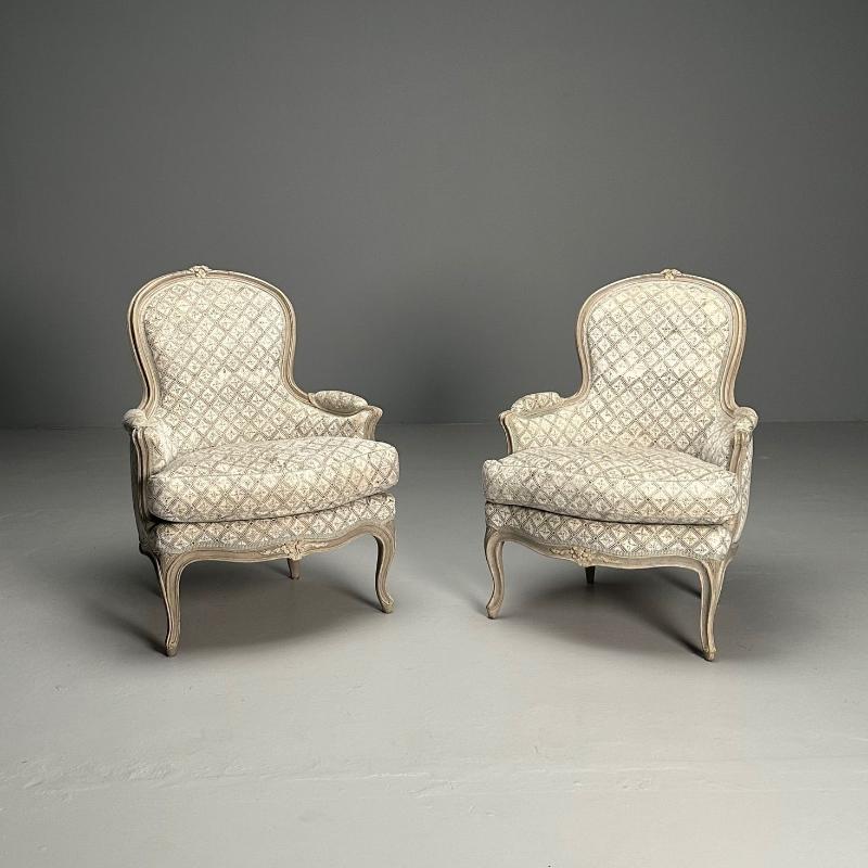 Louis XV Style, Bergère Chairs, Grey Painted Wood, Fabric, France, 1970s