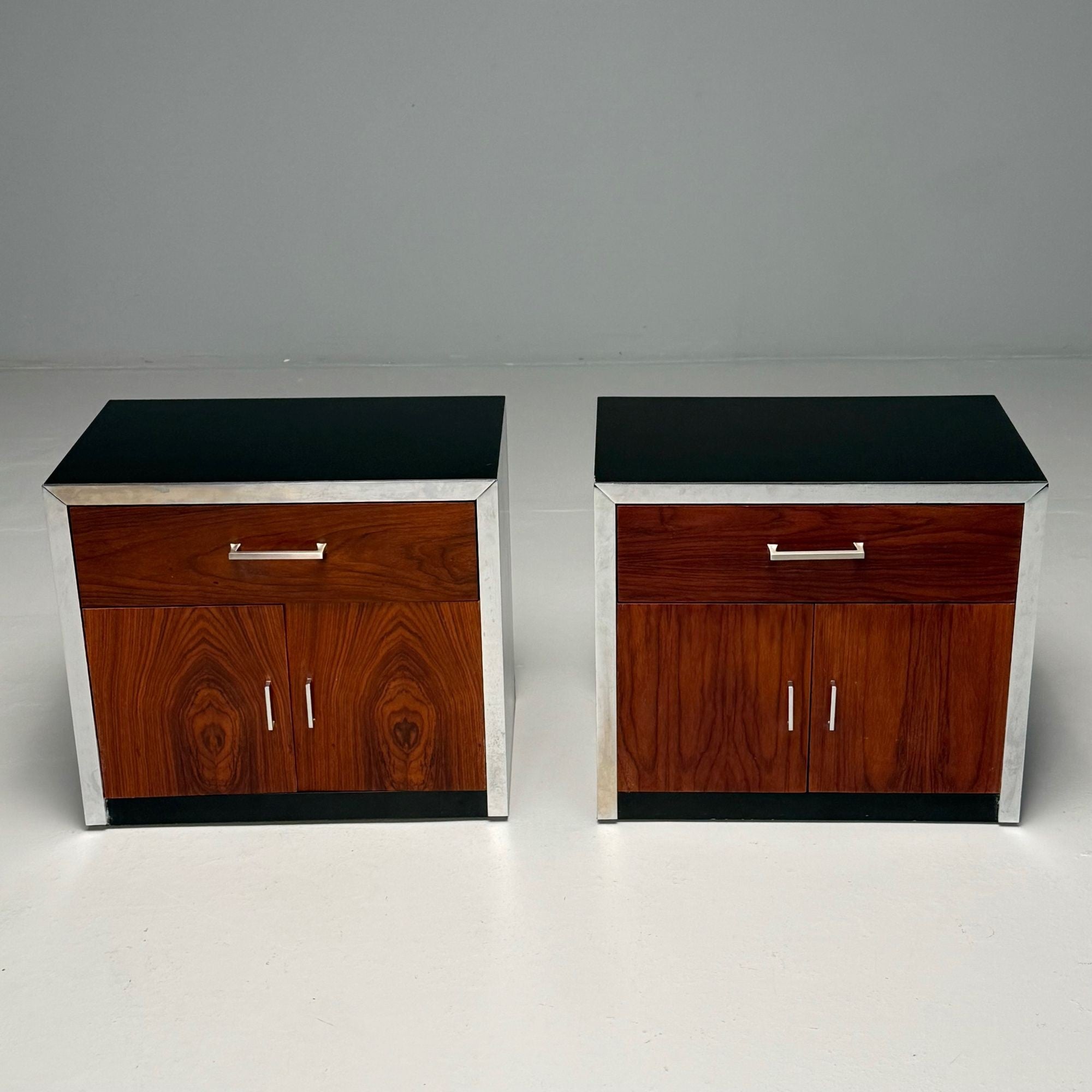 Milo Baughman Style, Mid-Century Modern, Nightstands, Rosewood, Chrome, 1970s