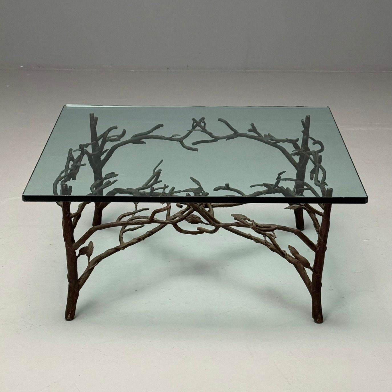 Giacometti Style, Mid-Century Modern, Square Coffee Table, Nature Motif, Metal