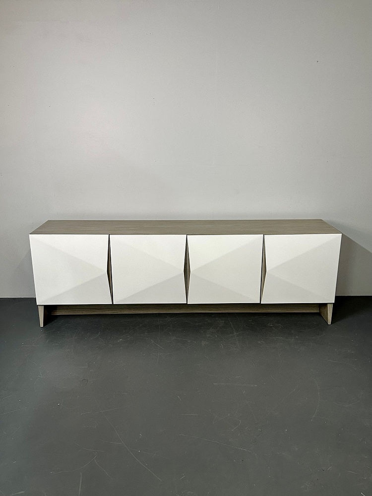 Modern Geometric Ceruse Oak Dresser, Sideboard, Cabinet, White Lacquered,