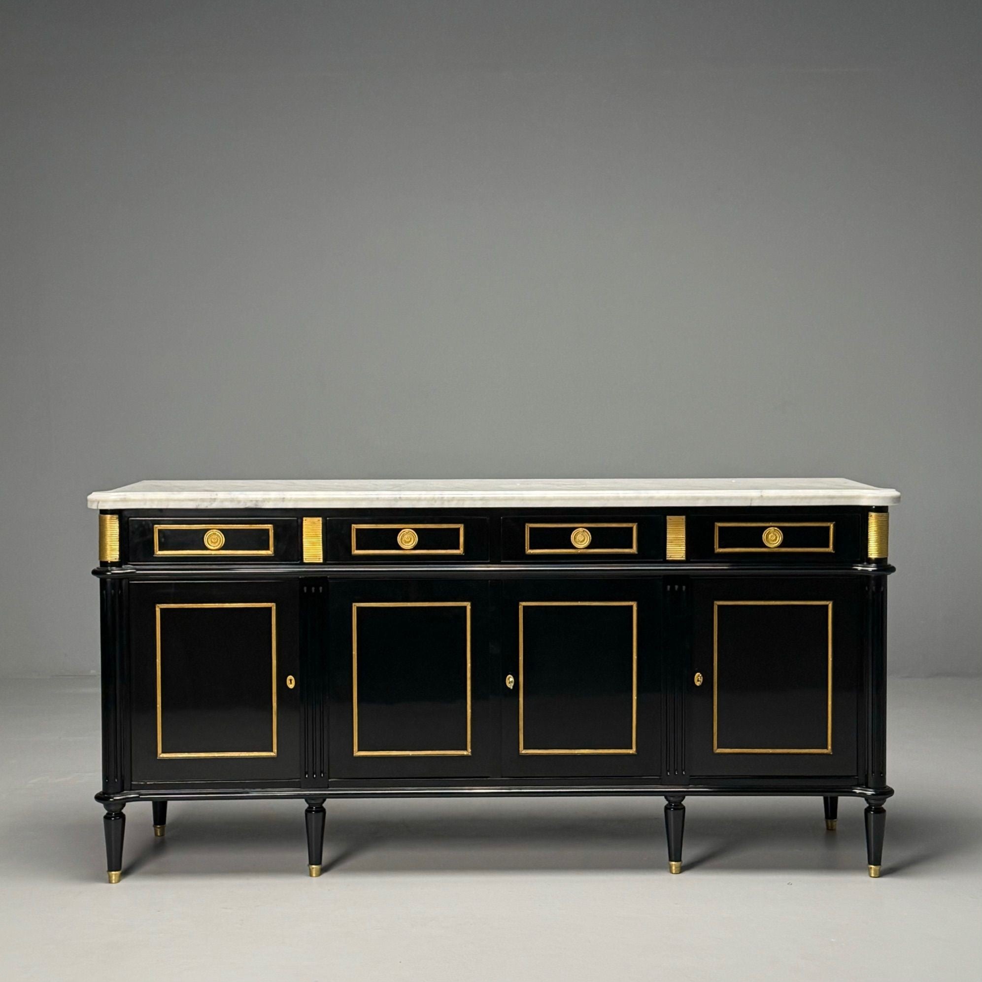 Louis XVI Style, Hollywood Regency, Sideboard, Black Lacquer, Marble, Bronze