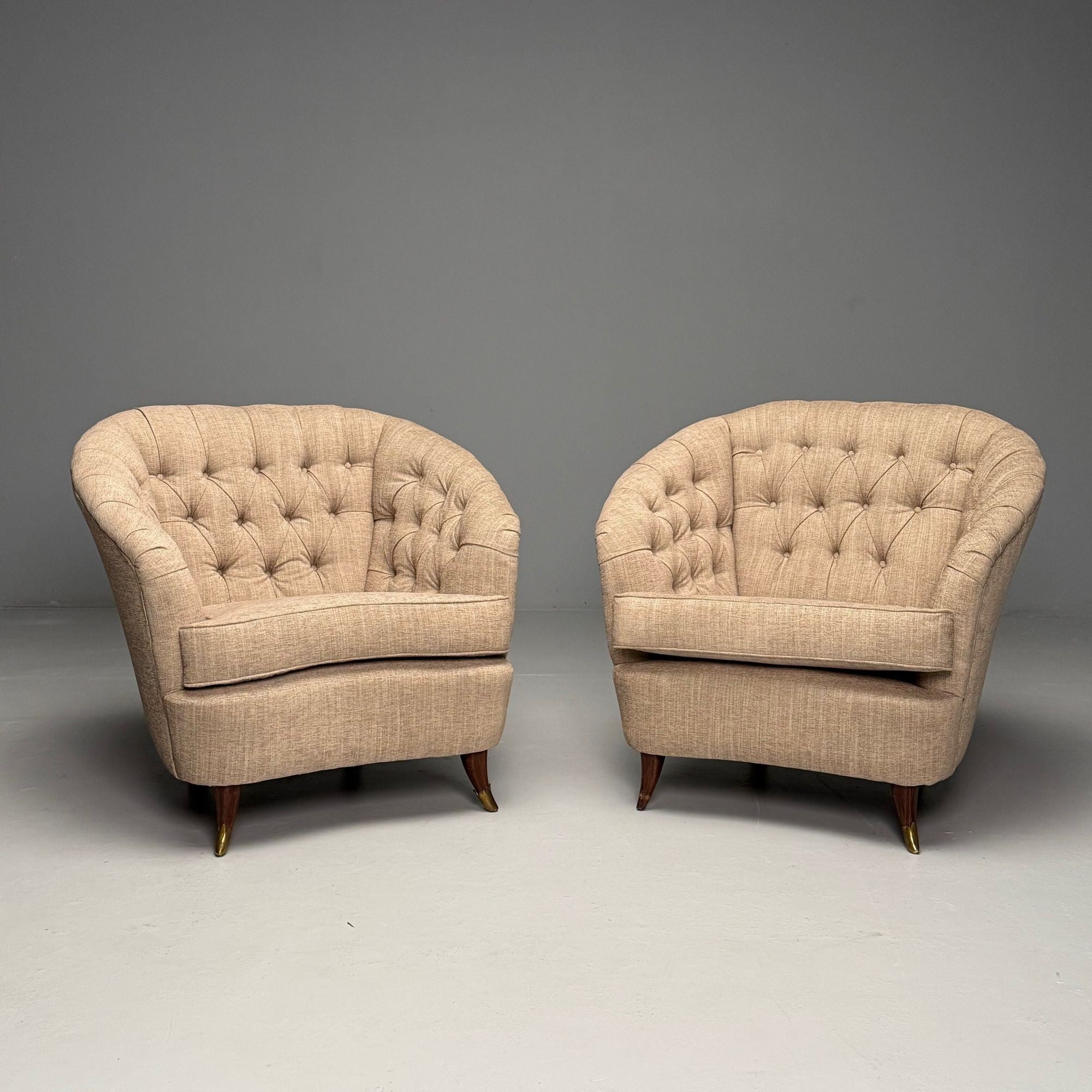 Gio Ponti, Italian Mid-Century Modern, Tufted Lounge Chairs, Beige Linen, 1950s