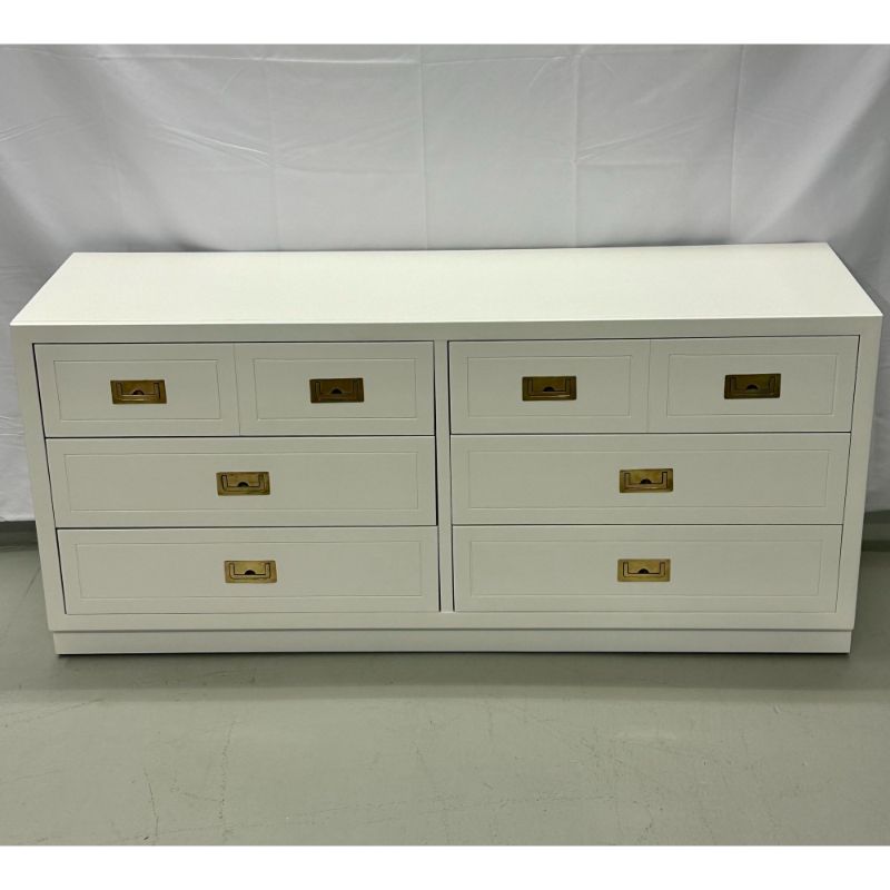 Mid-Century Modern White Campaign Dresser / Chest of Drawers, America, Brass