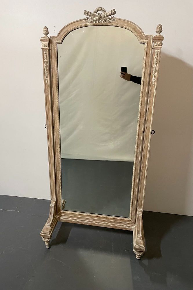 19th Century Cheval, Floor Mirror, Louis XVI, Whitewashed, Standing Mirror