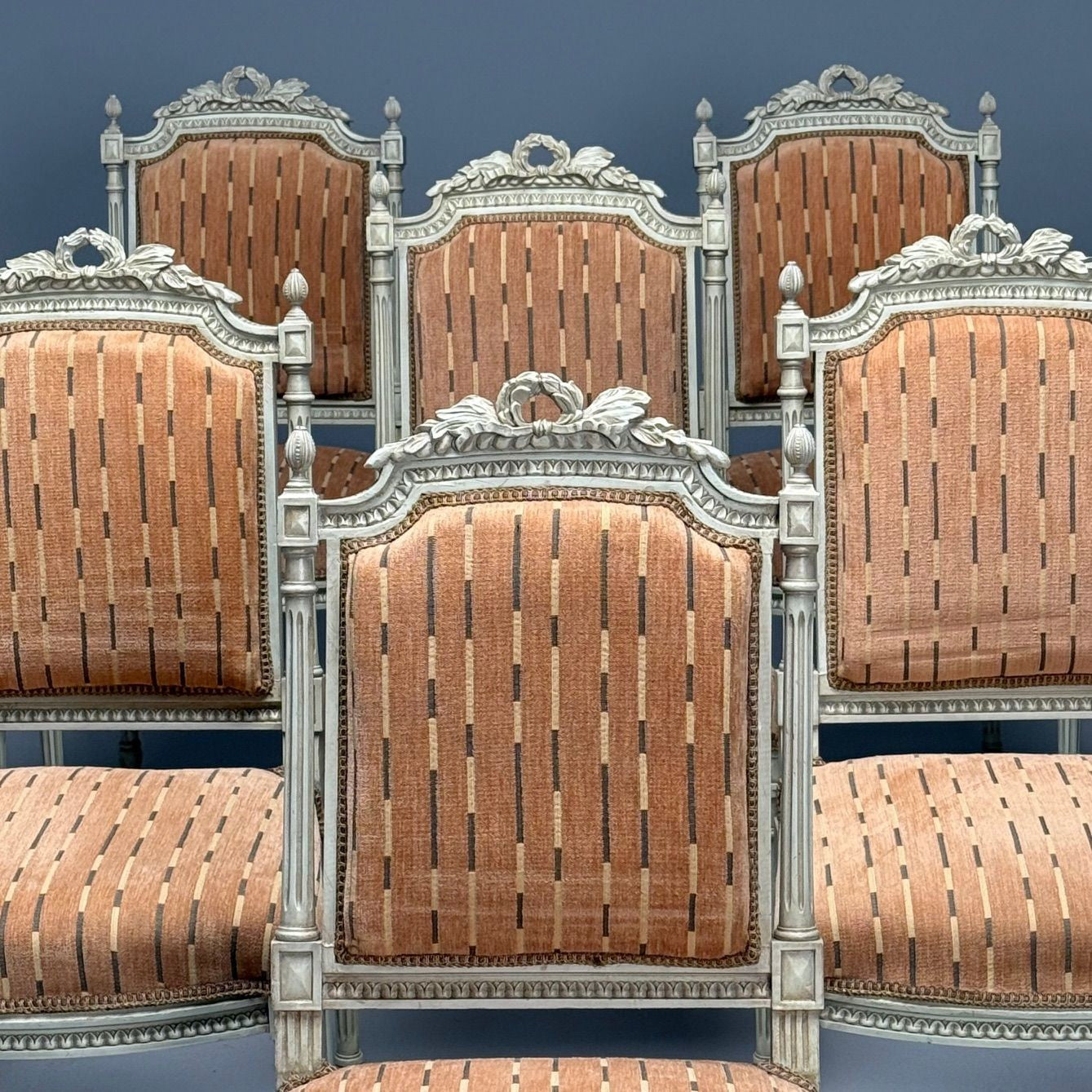 Swedish Louis XVI Style, Ten Dining Chairs, Grey Carved Wood, Fabric, 20th C.