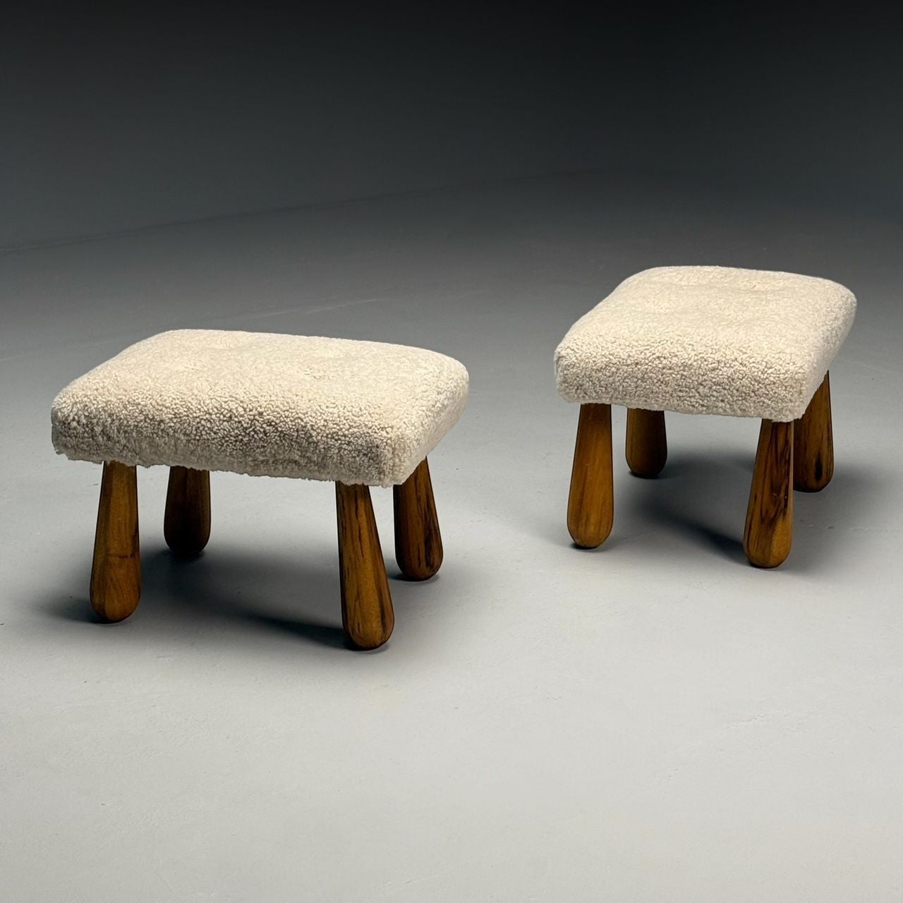 Contemporary, Danish Mid-Century Modern Style, Small Benches, Shearling, Maple