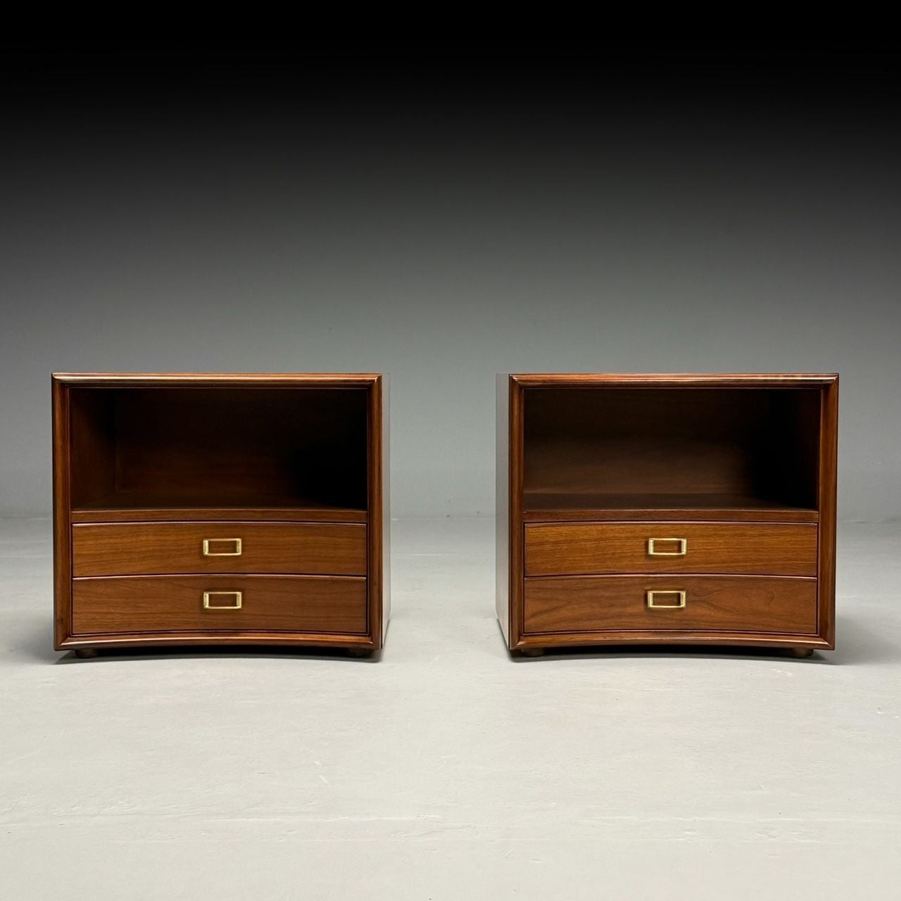 Paul Frankl, John Stuart, Mid-Century Modern, Concave Nightstands, Walnut, 1950s