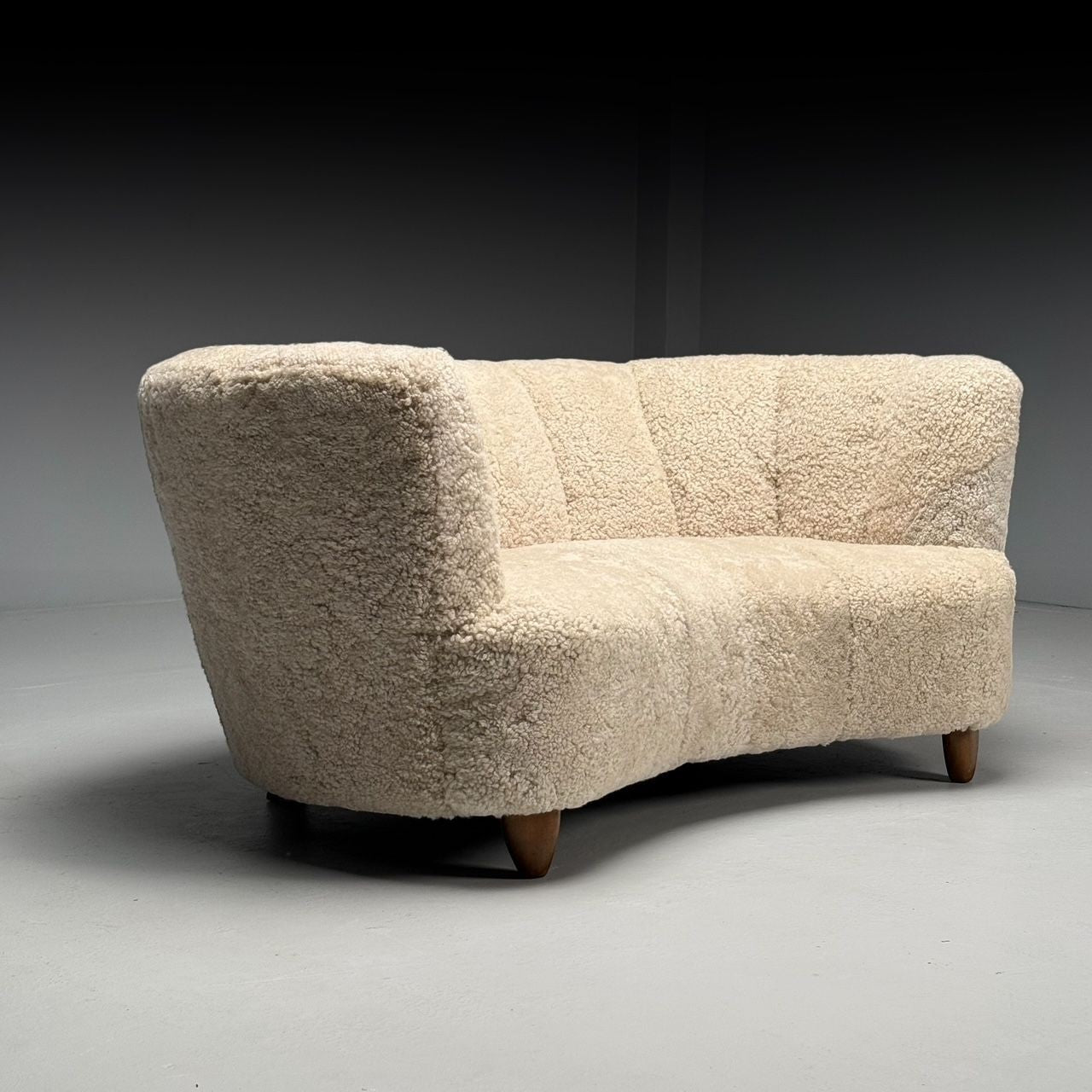 Danish Mid-Century Modern, Banana Sofa, Beige Shearling, Beech, Denmark, 1950s