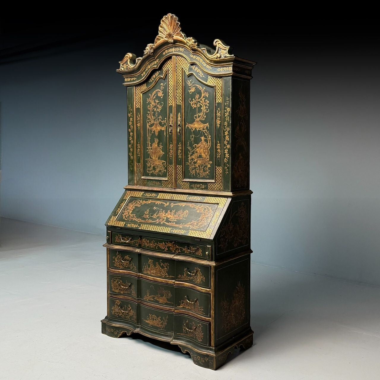 George I Style, Chinoiserie, Green-Japanned Desk, Bookcase, Parcel-Gilt, 1920s