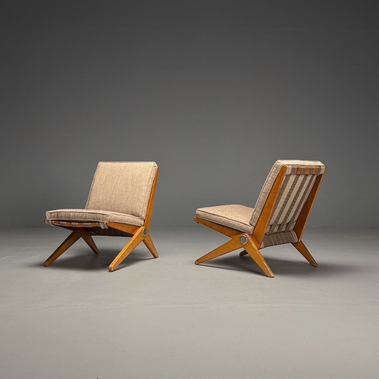 Pierre Jeanneret, Knoll, Mid-Century Modern, Scissor Chairs, Tan Linen, 1950s