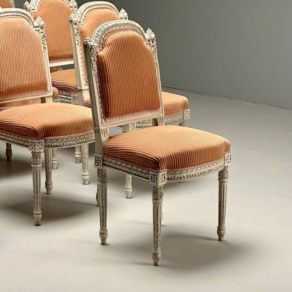 12 Gustavian, Louis XVI Style, Dining Chairs, Grey Paint Distressed, Pink Fabric