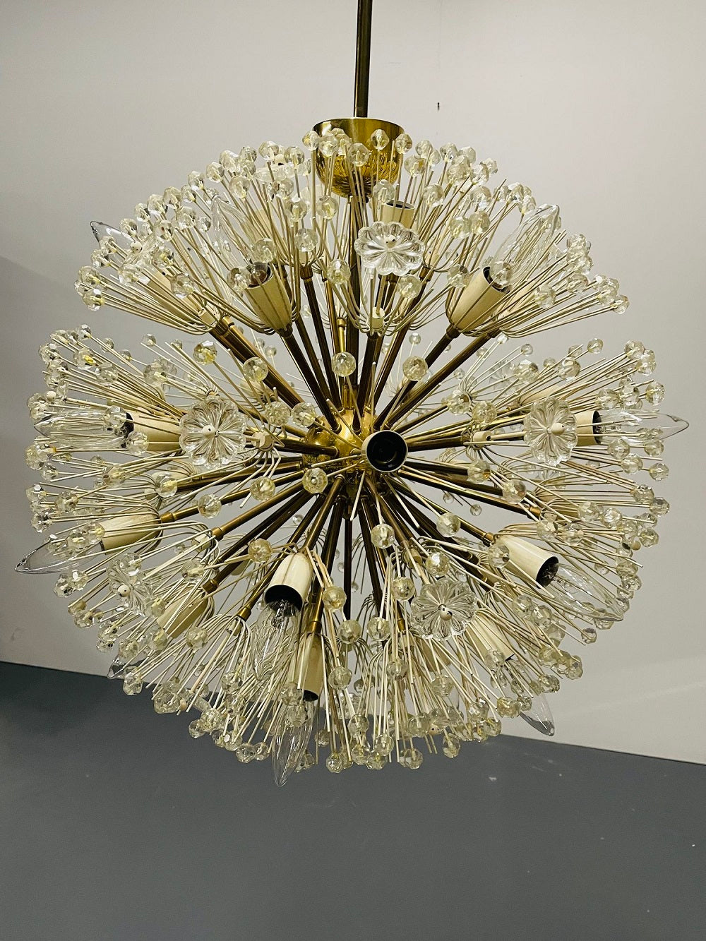 Pair of Mid-Century Modern Austrian Circular Chandeliers, Brass and Glass, 1960s