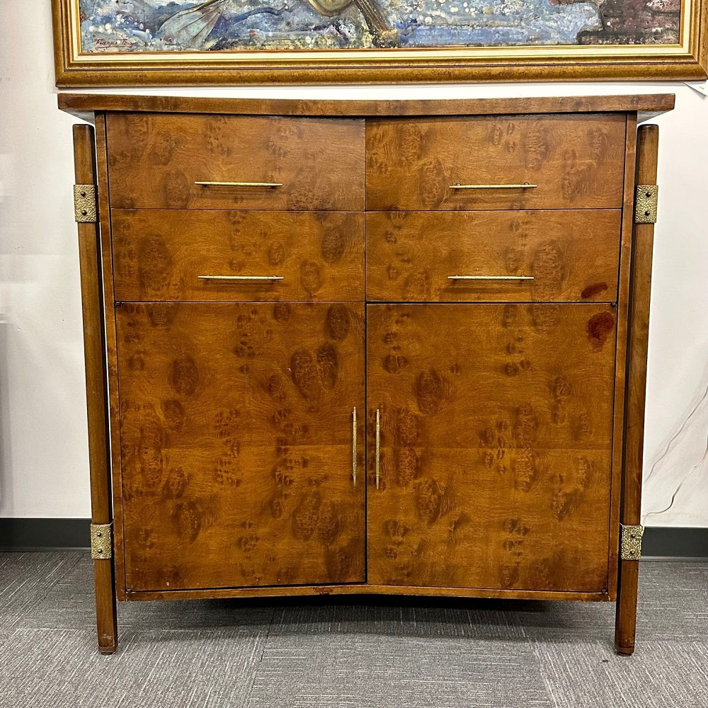 Mid-Century Modern Burlwood Hi-Boy Dresser / Wardrobe Cabinet, Brass Accent