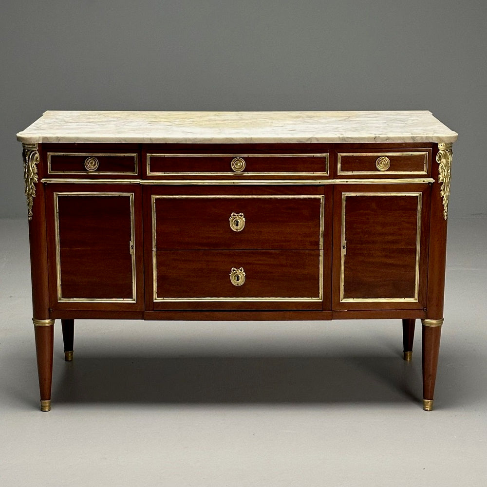 Hollywood Regency, French Louis XVI Style Commode, Mahogany, Oak, Marble, 1920s