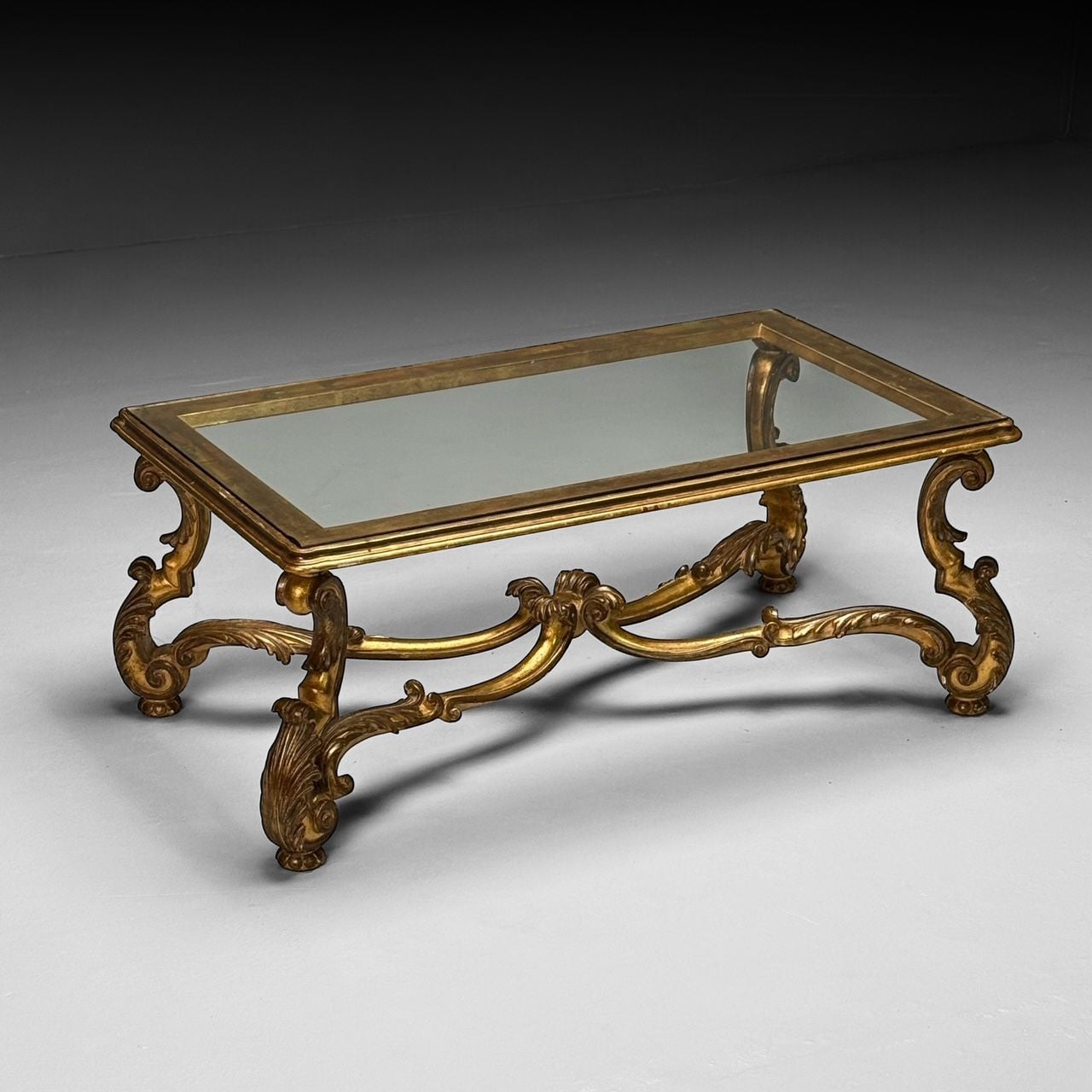 Hollywood Regency, Coffee Table, Gilt Wood, Gold Leaf, Glass, Italy, 1960s