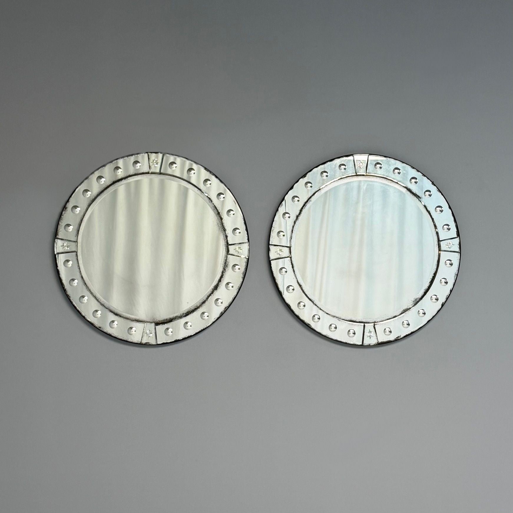 Art Deco Style, Venetian Circular Wall Mirrors, Antiqued Beveled Glass, 21st C.