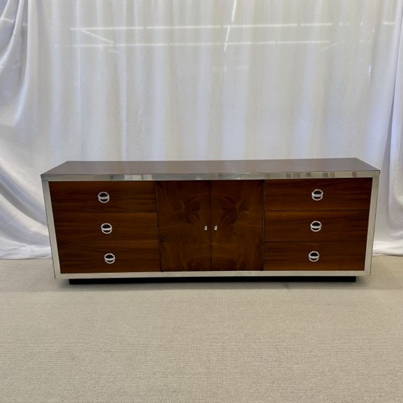 Compatible Pair of Mid-Century Modern Milo Baughman Dressers, Burlwood, Chrome