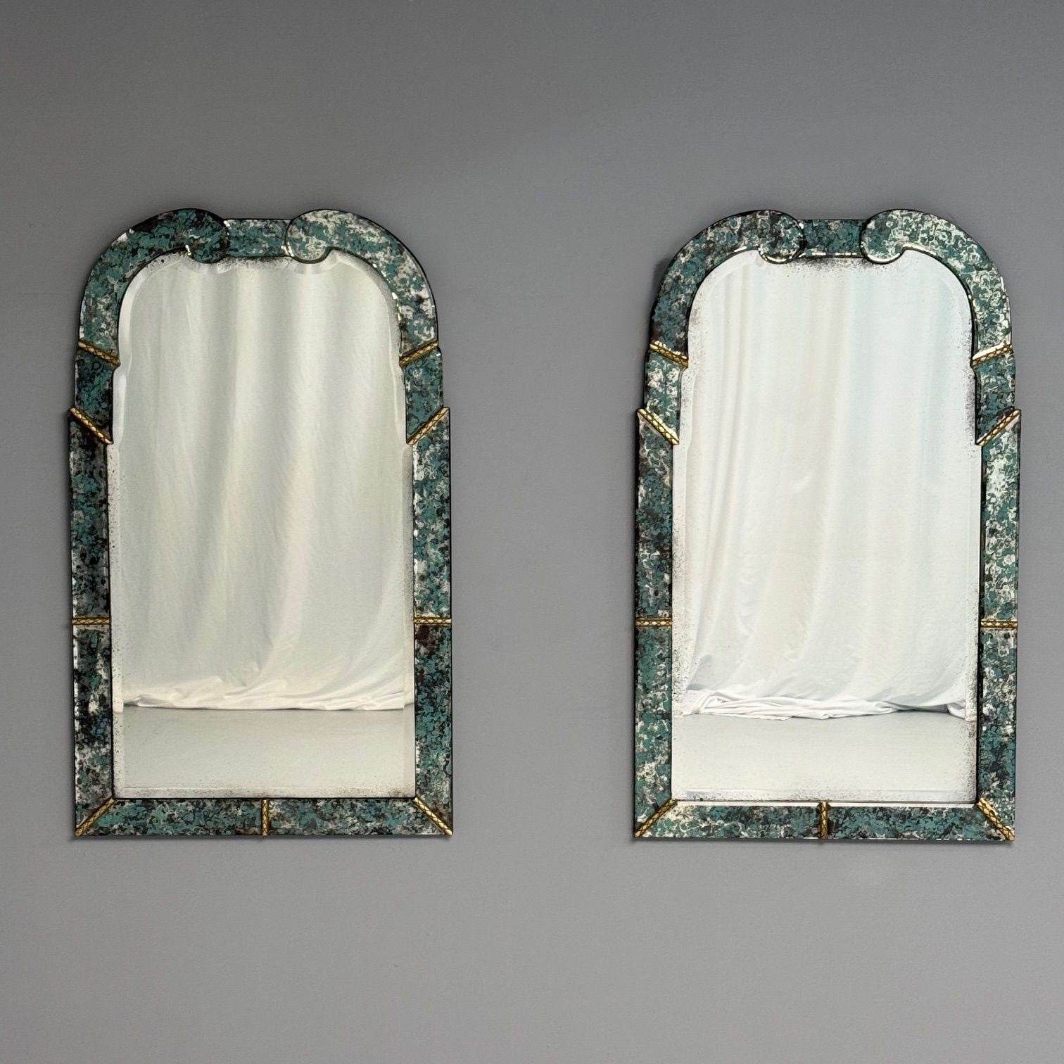 Art Deco Style, Venetian Wall Mirrors, Green Antiqued Beveled Glass, 21st C.