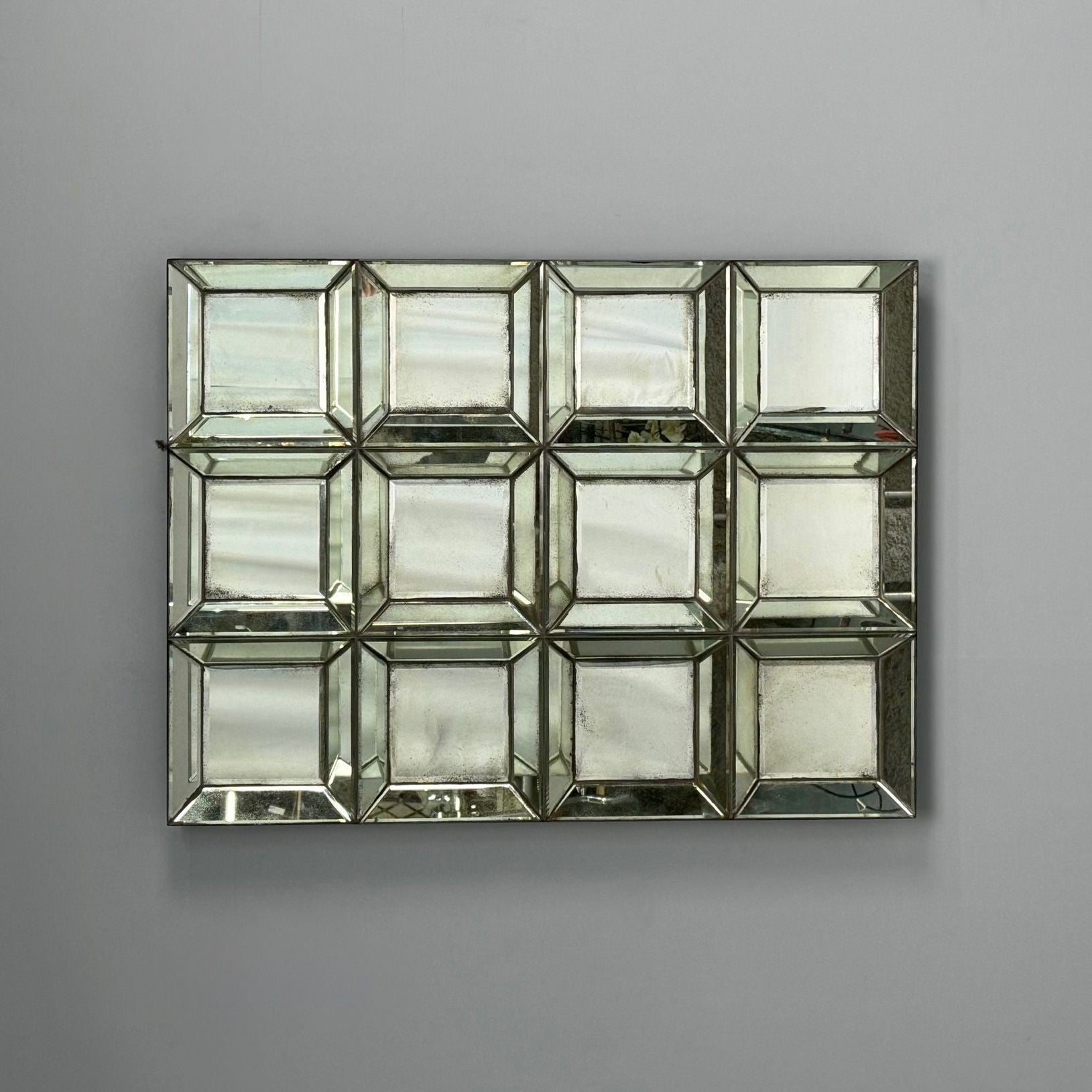 Venetian Shadowbox Wall Mirror, Distressed Beveled Glass, 21st C.