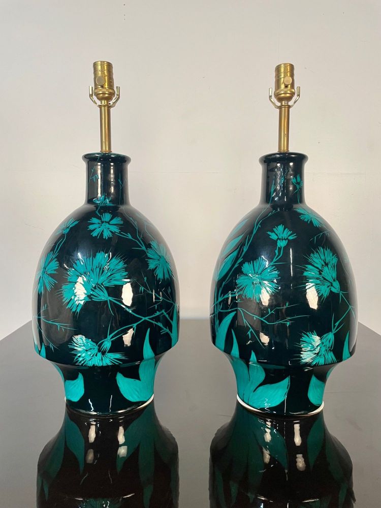 Pair of Mid-Century Modern Ceramic Floral Motif Table Lamps, Green and Blue