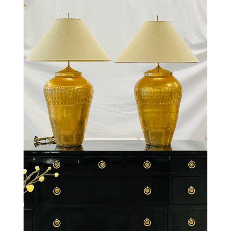 Palatial Pair of Gilt Metal Urn Form Table Lamps, Hollywood Regency