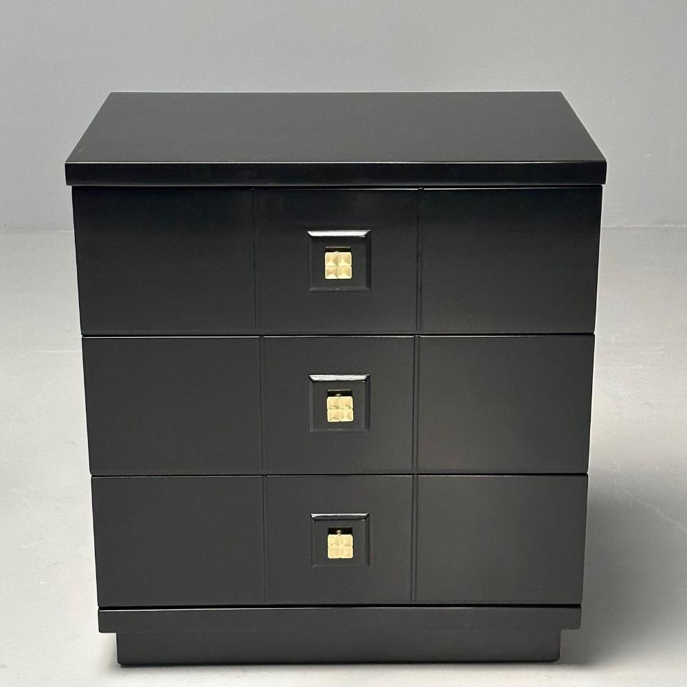 Mid-Century Modern, Nightstands, Chests, Black Lacquer, Brass, USA, 1970s