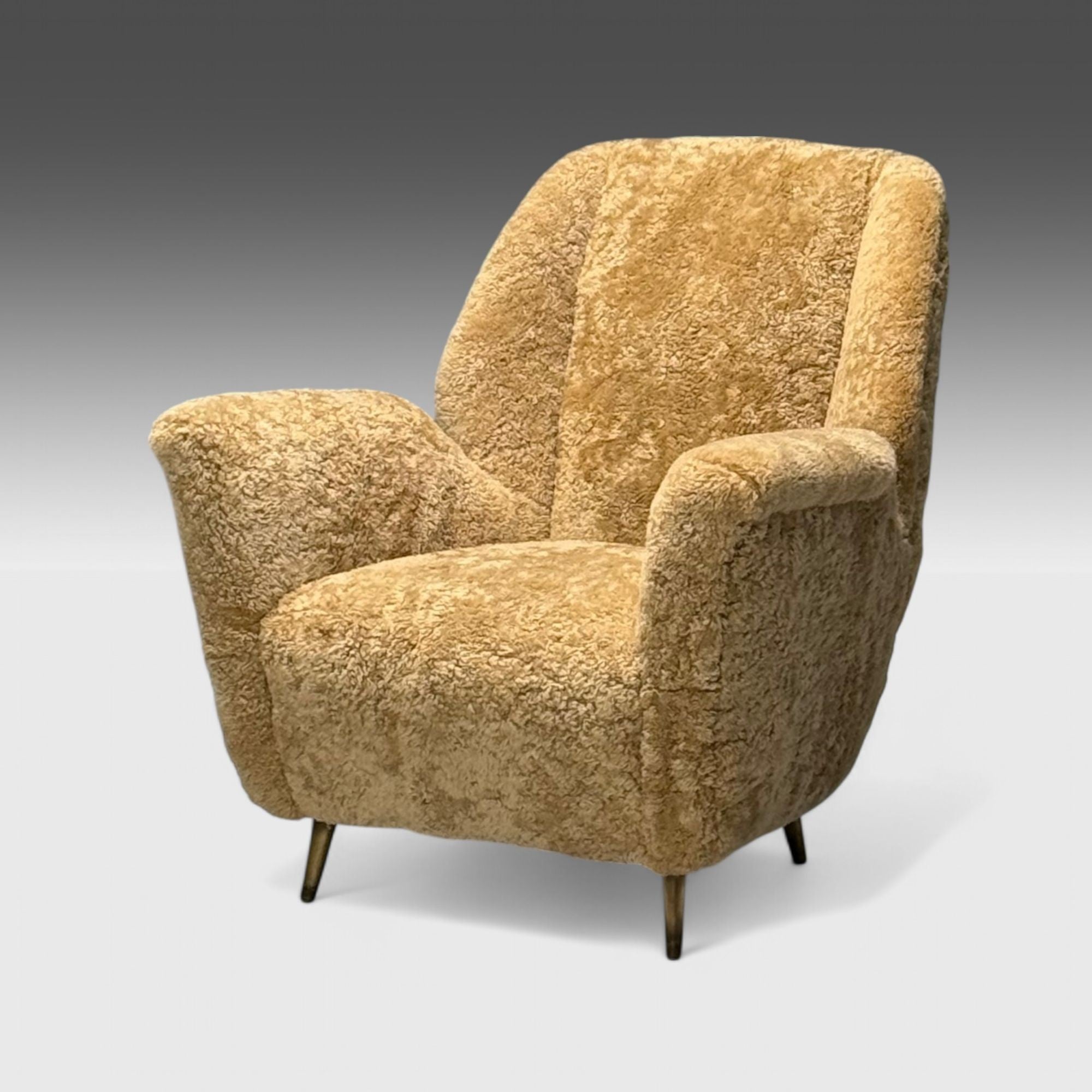 ISA Bergamo, Italian Mid-Century Modern, Lounge Chair, Brass, Shearling, 1950s