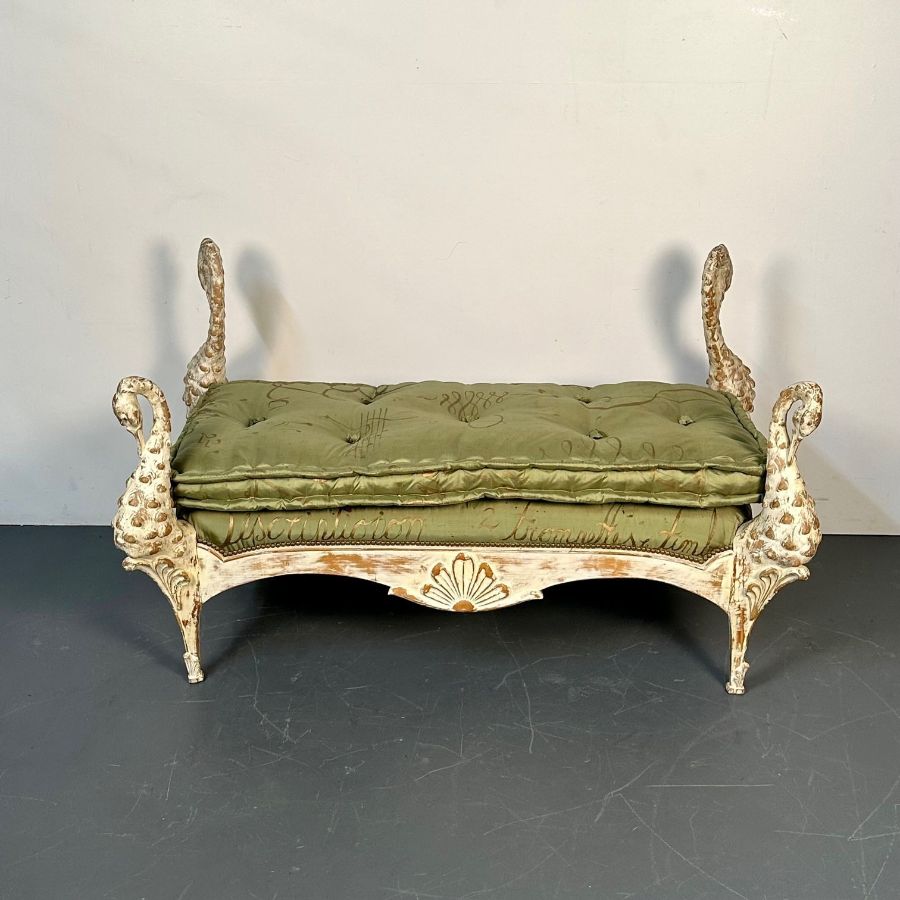 Hollywood Regency Swan Bench / Daybed by Maison Jansen, Hand Carved, Distressed