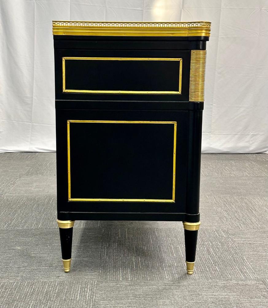 Louis XVI Style, Hollywood Regency, Commodes, Black Painted Wood, Bronze, Marble